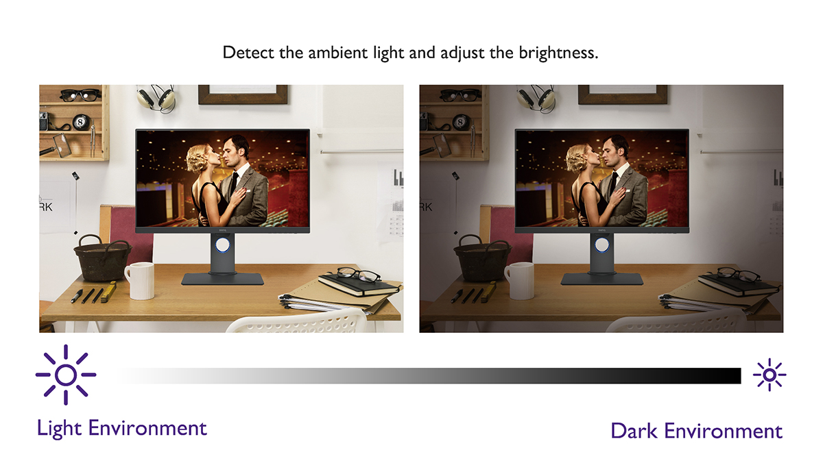 BenQ eye care monitors with brightness intelligence technology can detect the ambient light and adjust the screen brightness automatically.