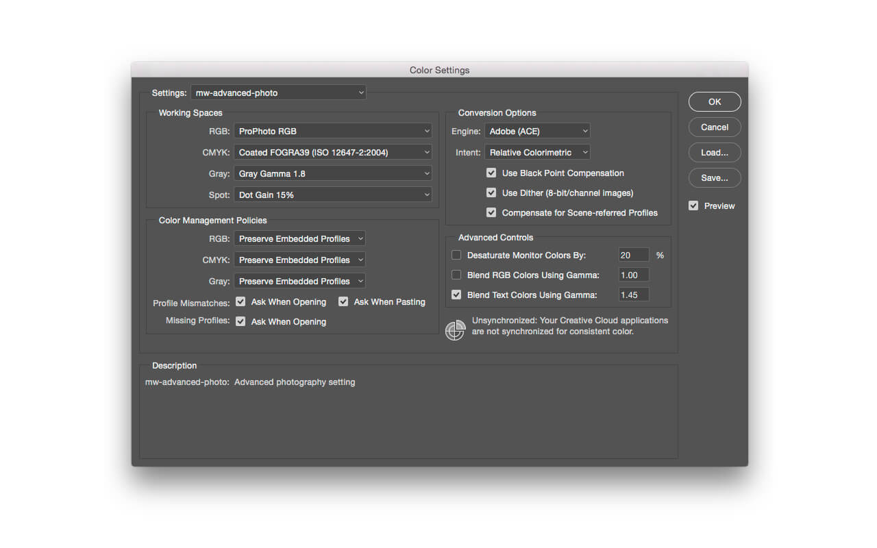 adobe photoshop color settings