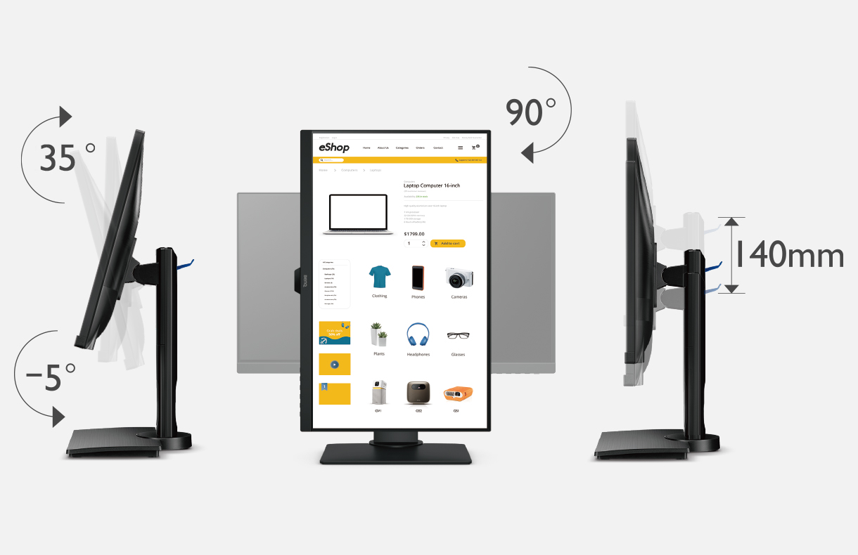 Designul ergonomic benq gw2780t vă permite să personalizați înălțimea, înclinarea, pivotarea, cursa și rotirea monitorului după bunul plac