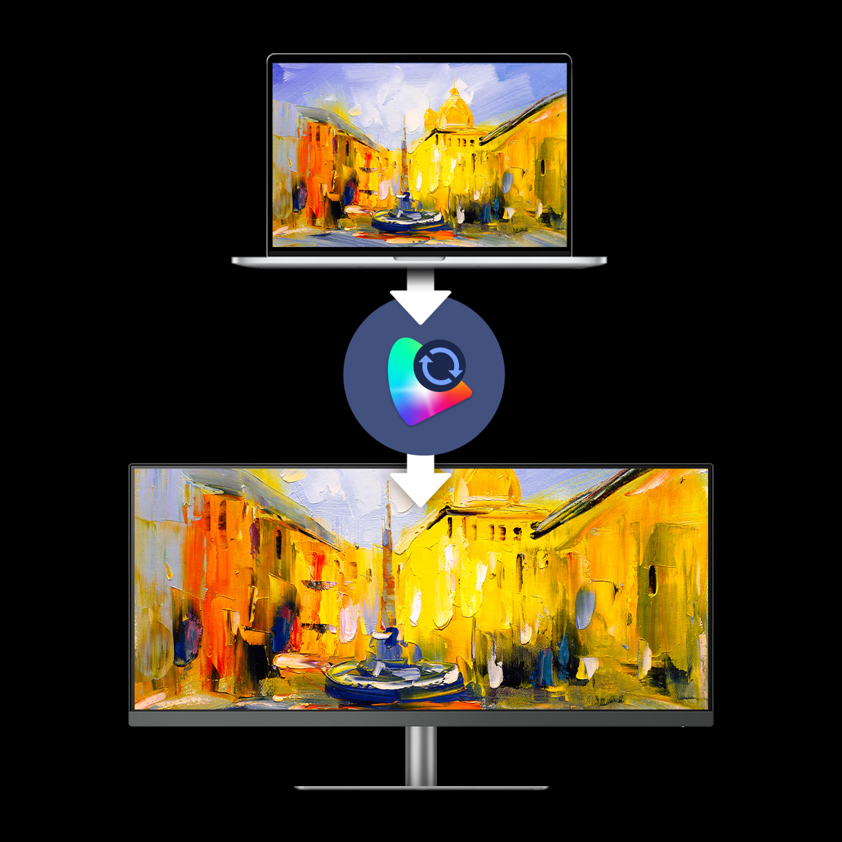ICCsync ermöglicht eine sofortige Anpassung des Farbmodus. Du kannst sie über die BenQ Display Pilot Software oder den Monitor selbst steuern. 