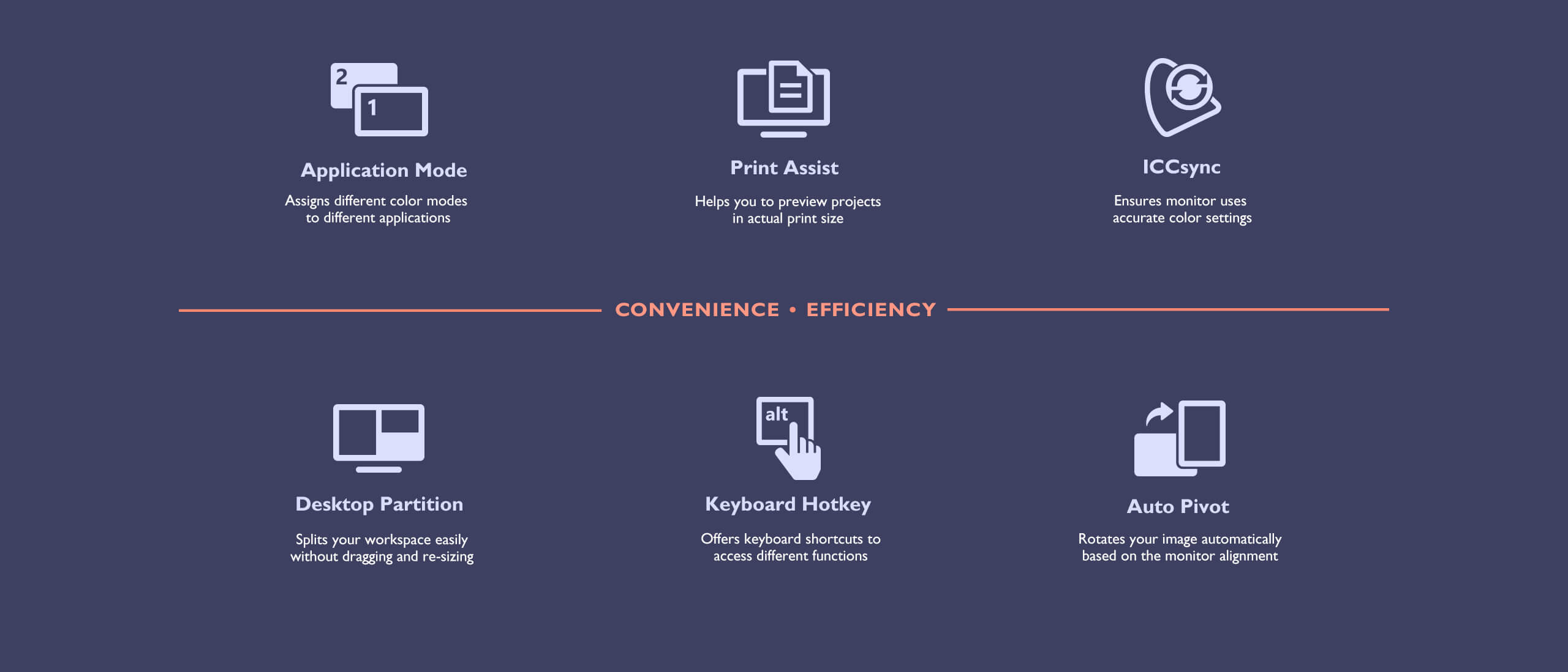 application mode assigns different color modes to different applications  print assist helps you to preview projects in actual print size iccsync ensures monitor uses accurate color settings desktop partition splits your workspace easily without dragging and re-sizing! keyboard hotkey offers keyboard shortcuts to access different functions auto pivot rotates your image automatically based on the monitor alignment.