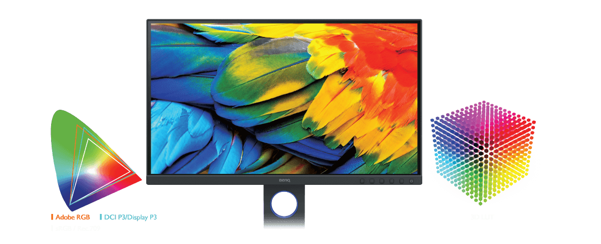 benq sw271c covers 100% adobe rgb and 90% P3 color space to offer broad color reproduction for shades of blue and green and provides16-bit 3d-lut to improve color blending for precise reproduction