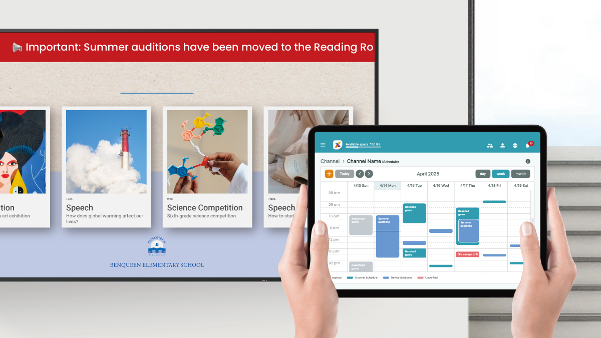 Scheduled school announcements broadcast to grouped ST04 displays using X-Sign's real-time scheduling tools.