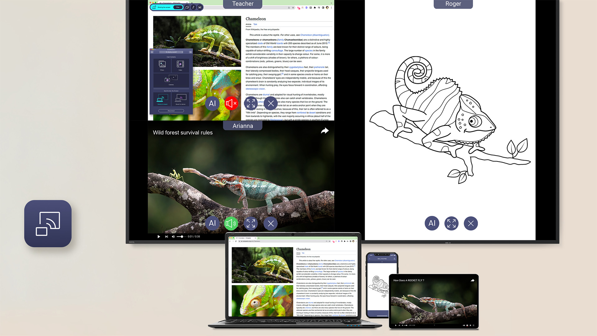 Sharing screens to ST04 display via InstaShare 2, using various devices in a collaborative classroom.