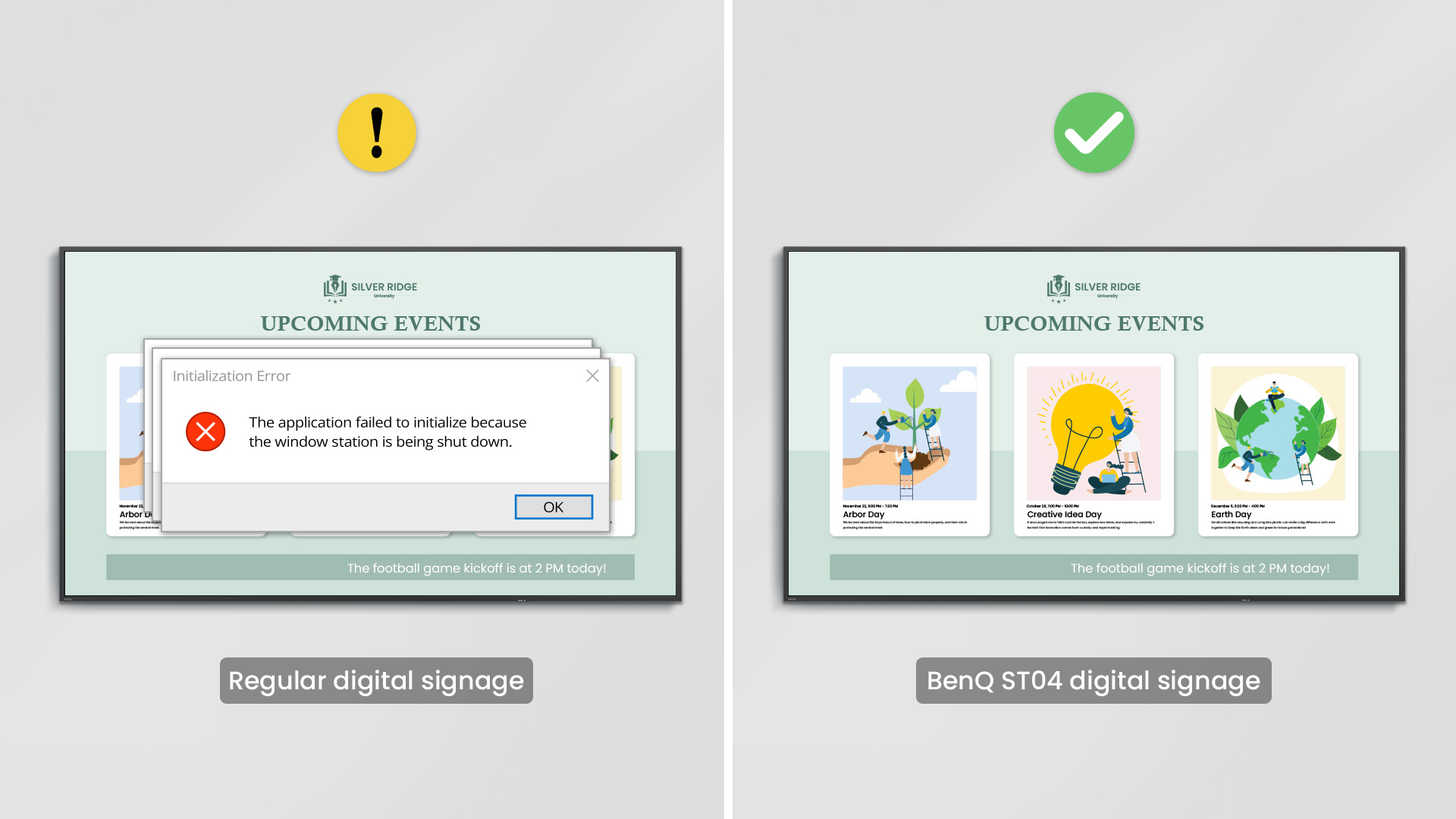 ST04 signage showing continuous content without system popups or alerts, ensuring smooth school communication.